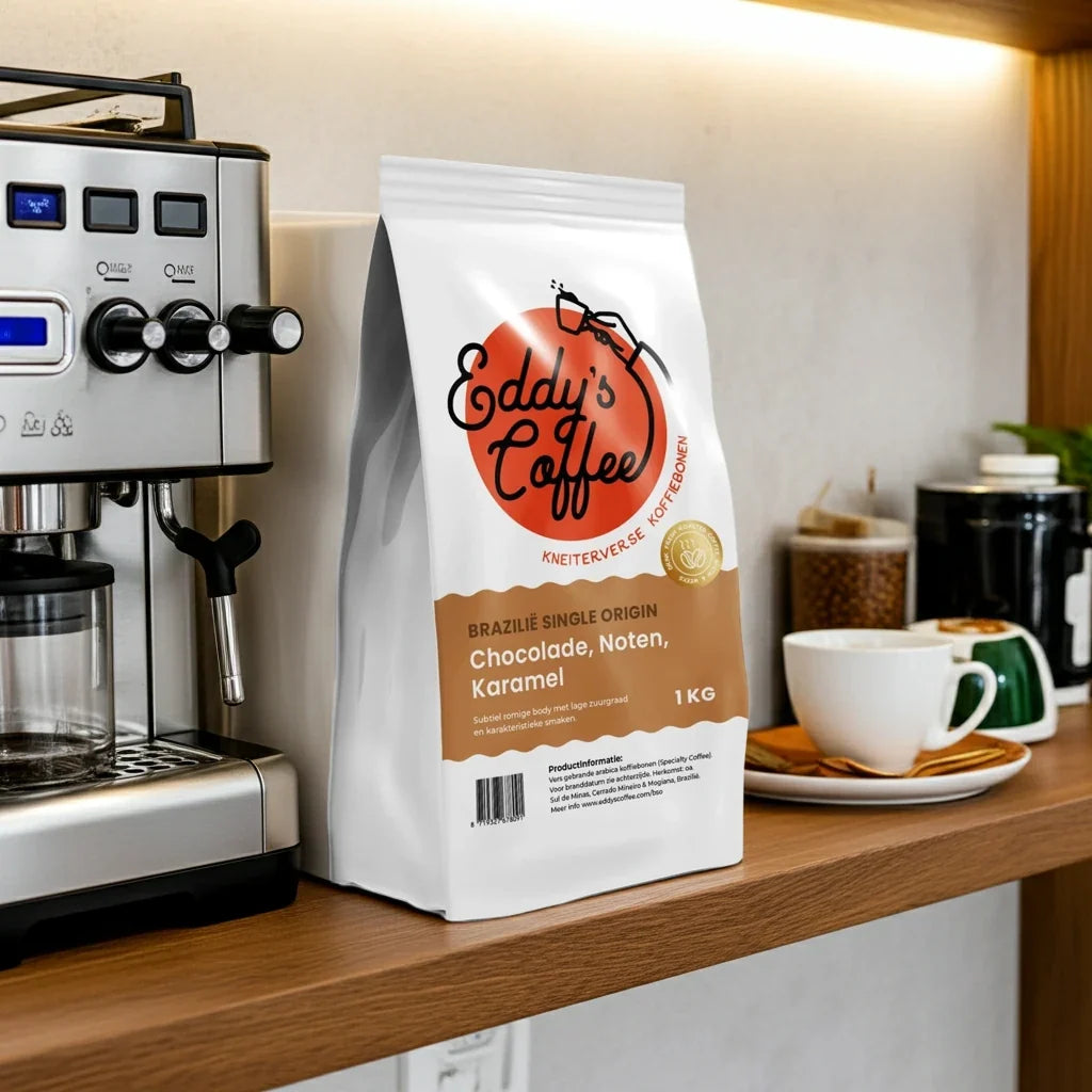 Brazilie Single Origin koffiebonen naast een espressomachine