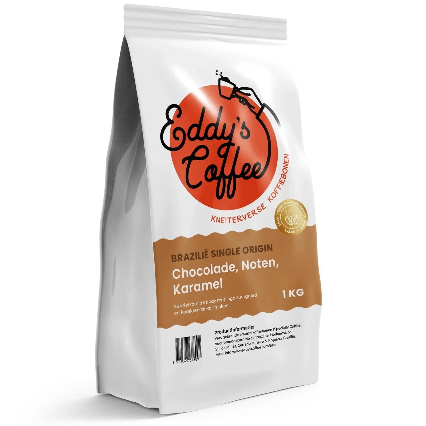 Zak Brazilie Single Origin koffiebonen op witte achtergrond