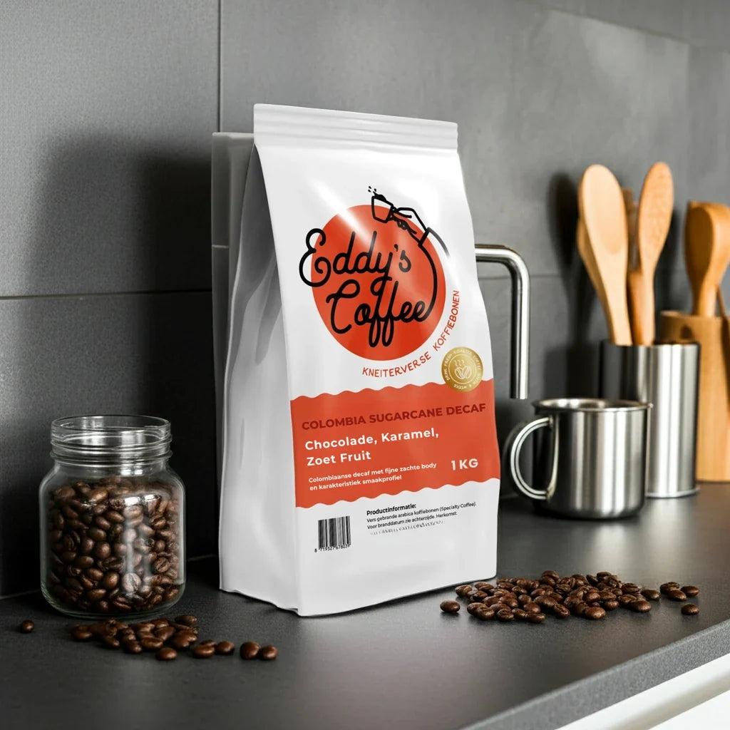 Colombia Sugarcane Decaf koffiebonen in een moderne keuken