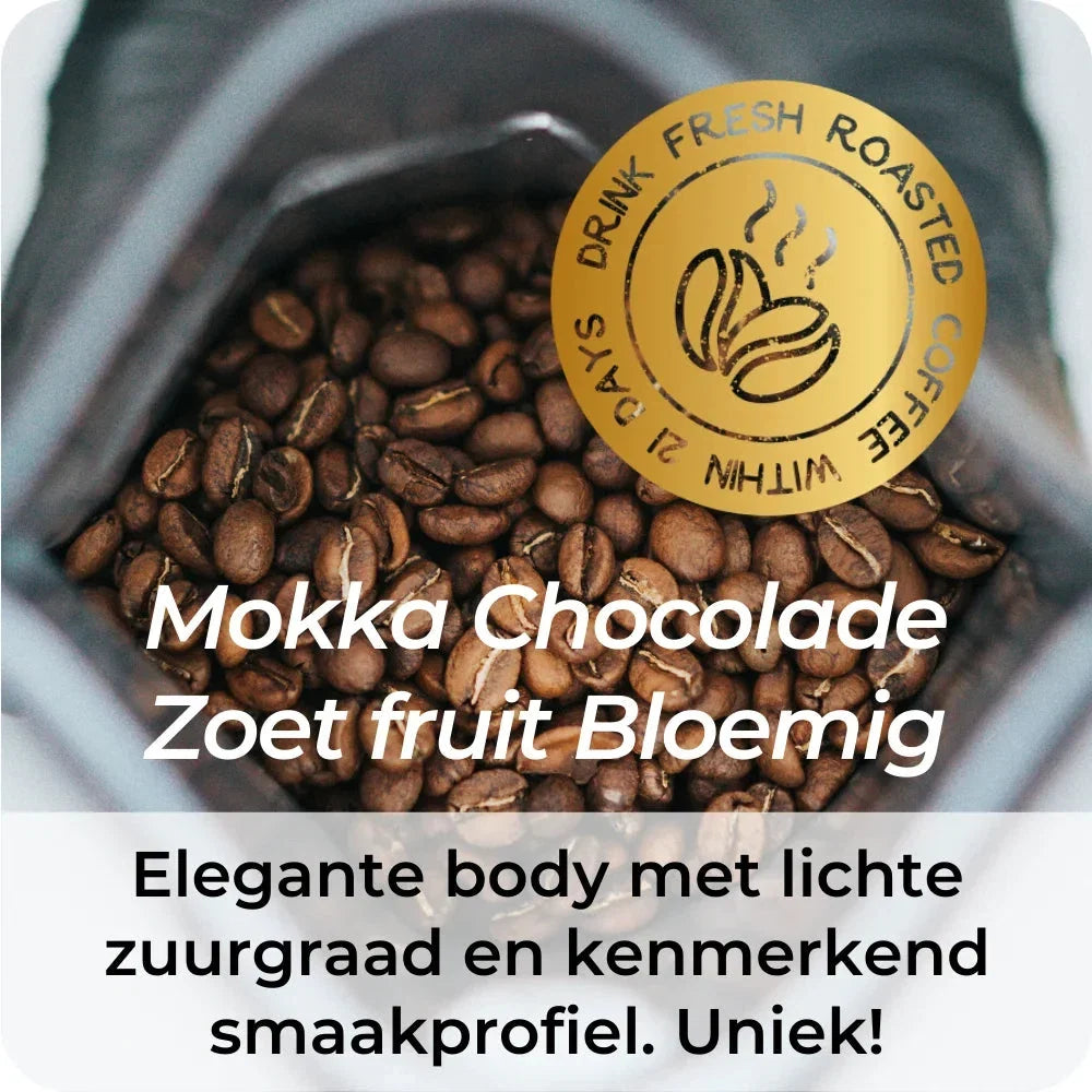 Ethiopië Sidamo Origin koffiebonen met smaakprofiel mokka, chocolade, zoet fruit en bloemige tonen