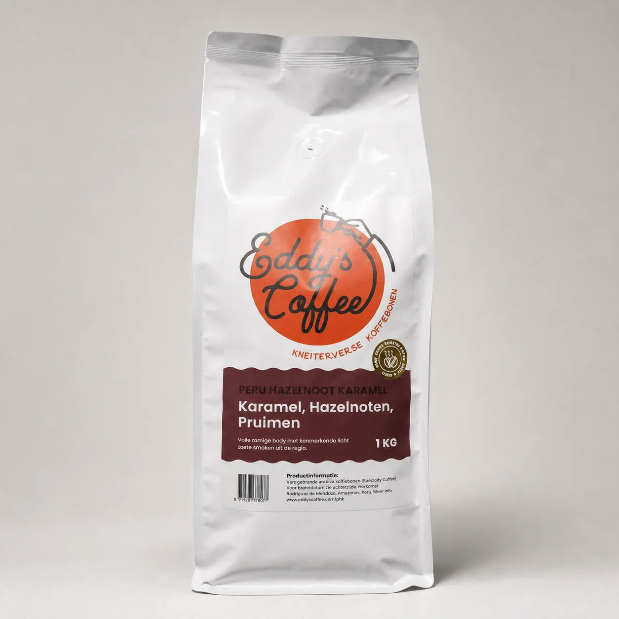 Peru Hazelnoot Karamel koffiebonen in stijlvolle koffieverpakking