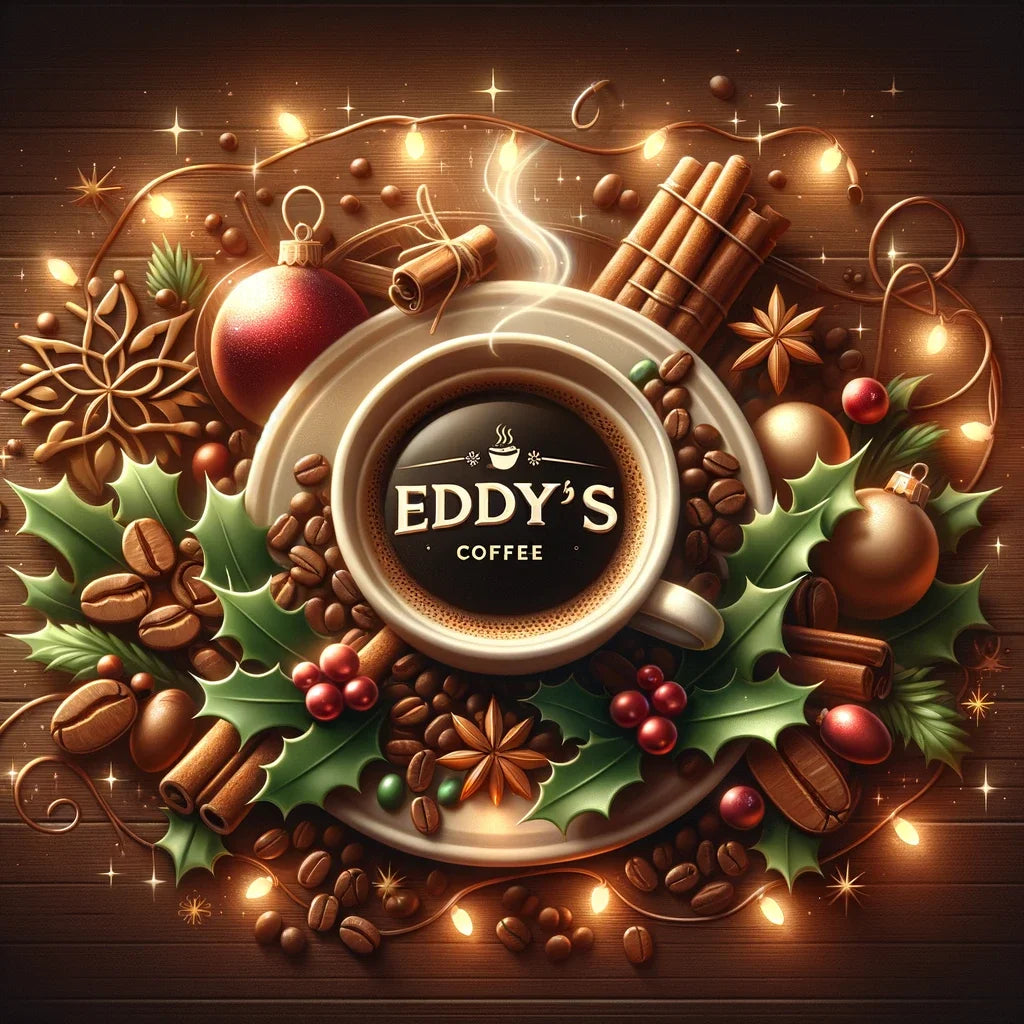 DALL·E 2023-12-15 14.39.22 - A festive and inviting blog header image featuring a cup of steaming coffee, coffee beans, holiday decorations like holly and lights, and the provided