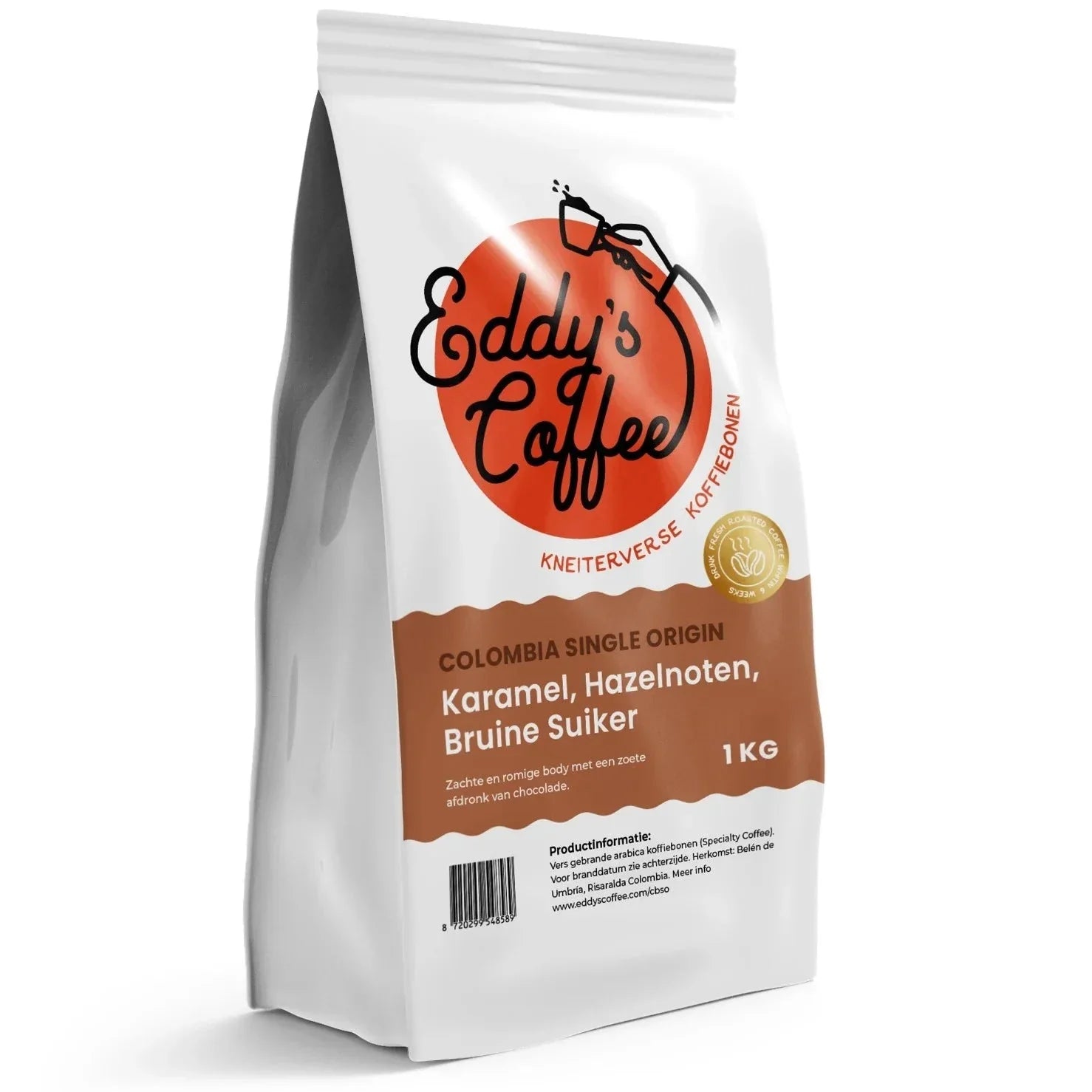 Zak Colombia Single Origin koffiebonen op witte achtergrond
