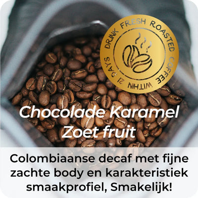 Colombia Sugarcane Decaf koffiebonen met smaakprofiel chocolade, karamel en zoet fruit