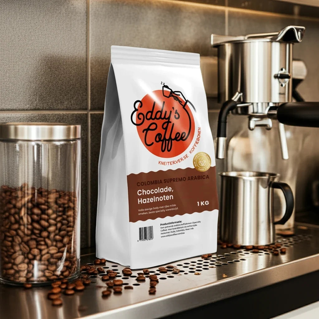 Colombia Supremo Arabica koffiebonen naast een espressomachine