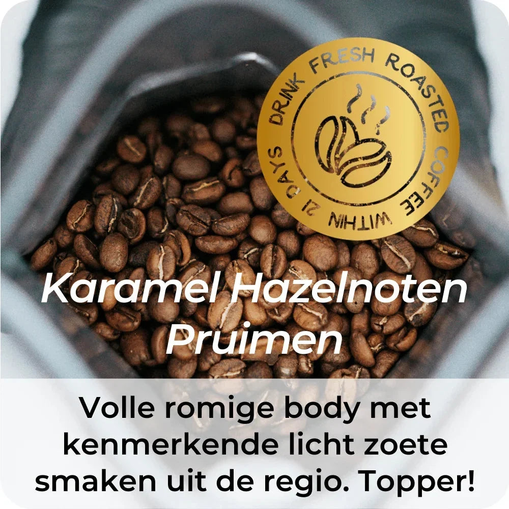 Peru Hazelnoot Karamel koffiebonen met smaakprofiel karamel, hazelnoten en pruimen