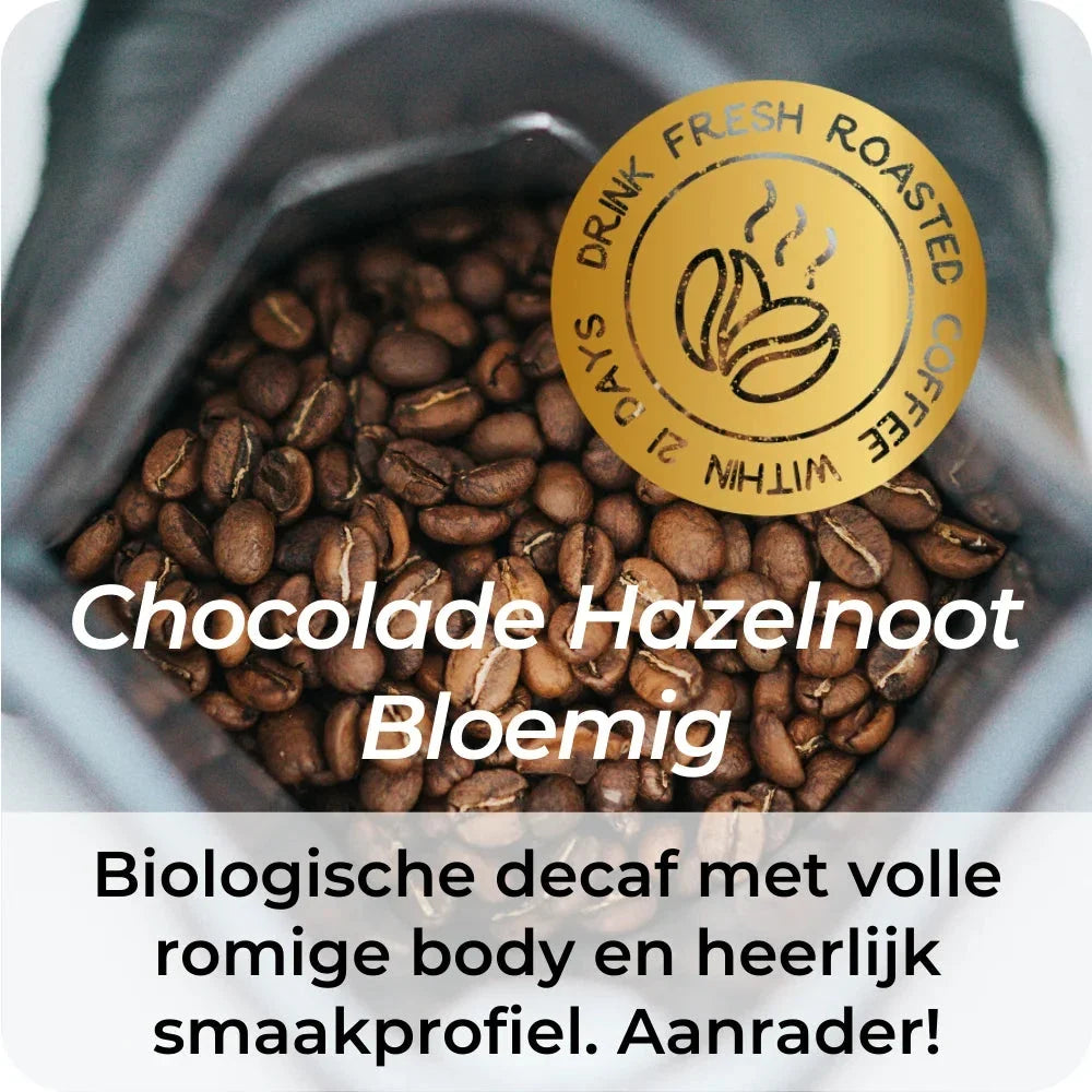 Peru Swiss Water Decaf Bio koffiebonen met smaakprofiel chocolade, hazelnoot en bloemige tonen