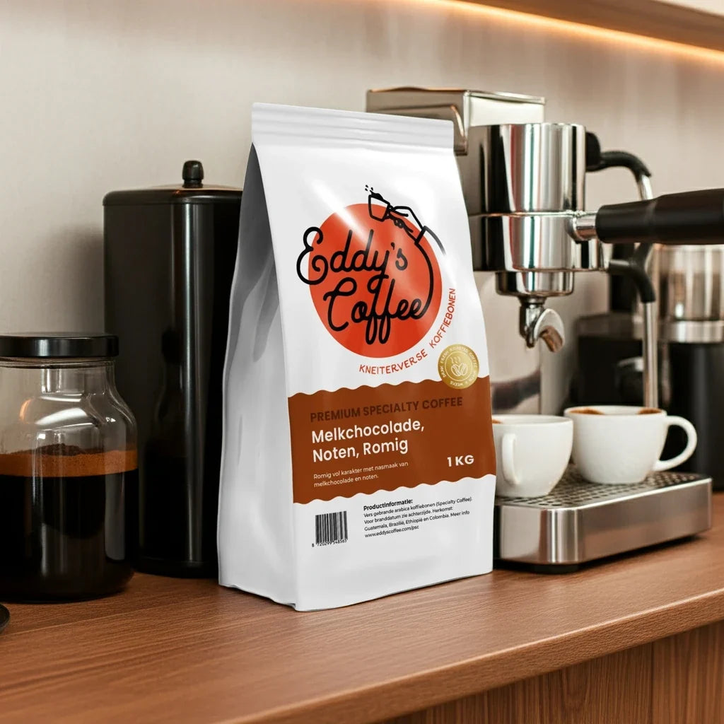Premium Specialty Coffee koffiebonen naast een espressomachine